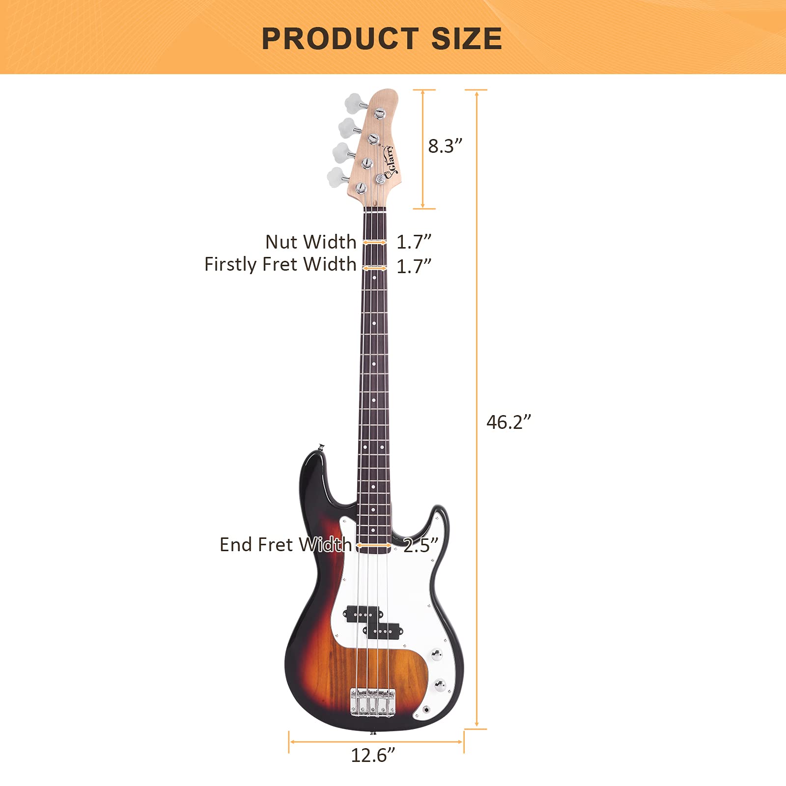 Glarry Electric Bass Guitar Full Size 4 String Rosewood Basswood Fire Style Exquisite Burning Bass (Sunset)